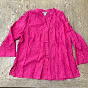 Deane‎ and White Pink Embroidered Linen Button Down Shirt 2X